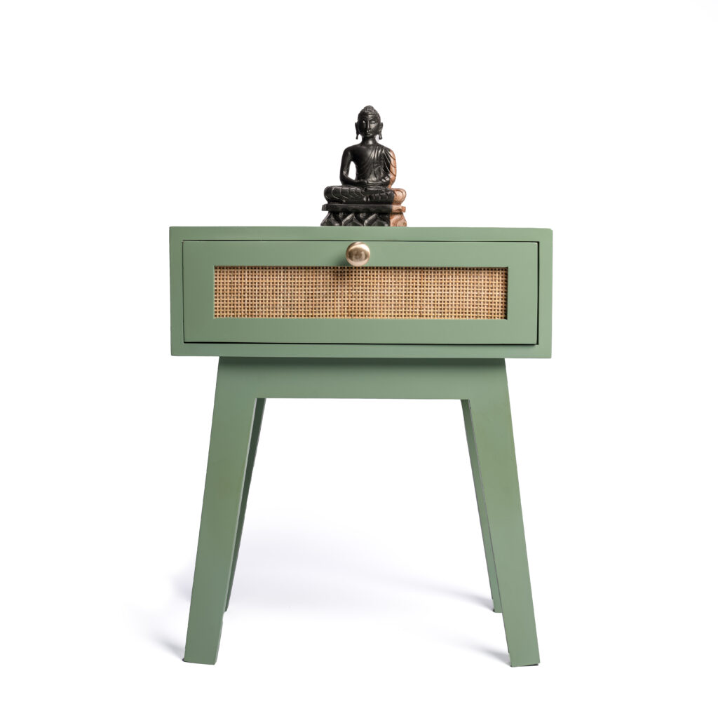Rattan green mid-century nightstand.